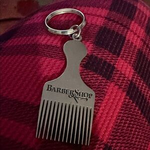 MCM , INC. 2002 Vtg Comb Fro Pic Silver Tone Keychain, BARBER SHOP inscription
